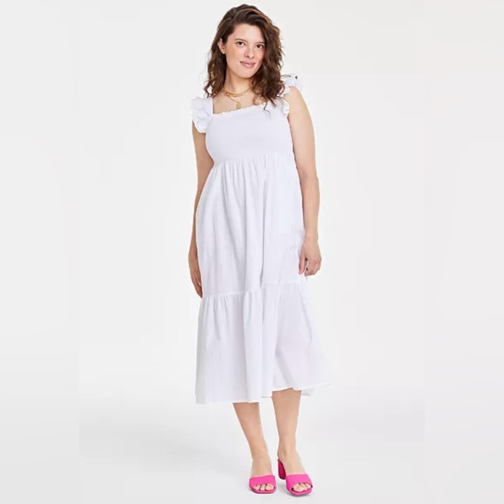 NWT Macy’s On 34th Women's White Cotton Smocked Midi Dress Sz L